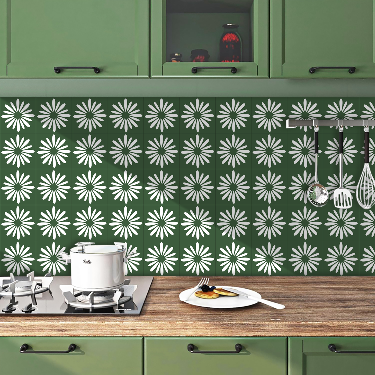 Commercial Kitchen Wall Panels - 10pcs Green Daisy Matte Surface Tiles