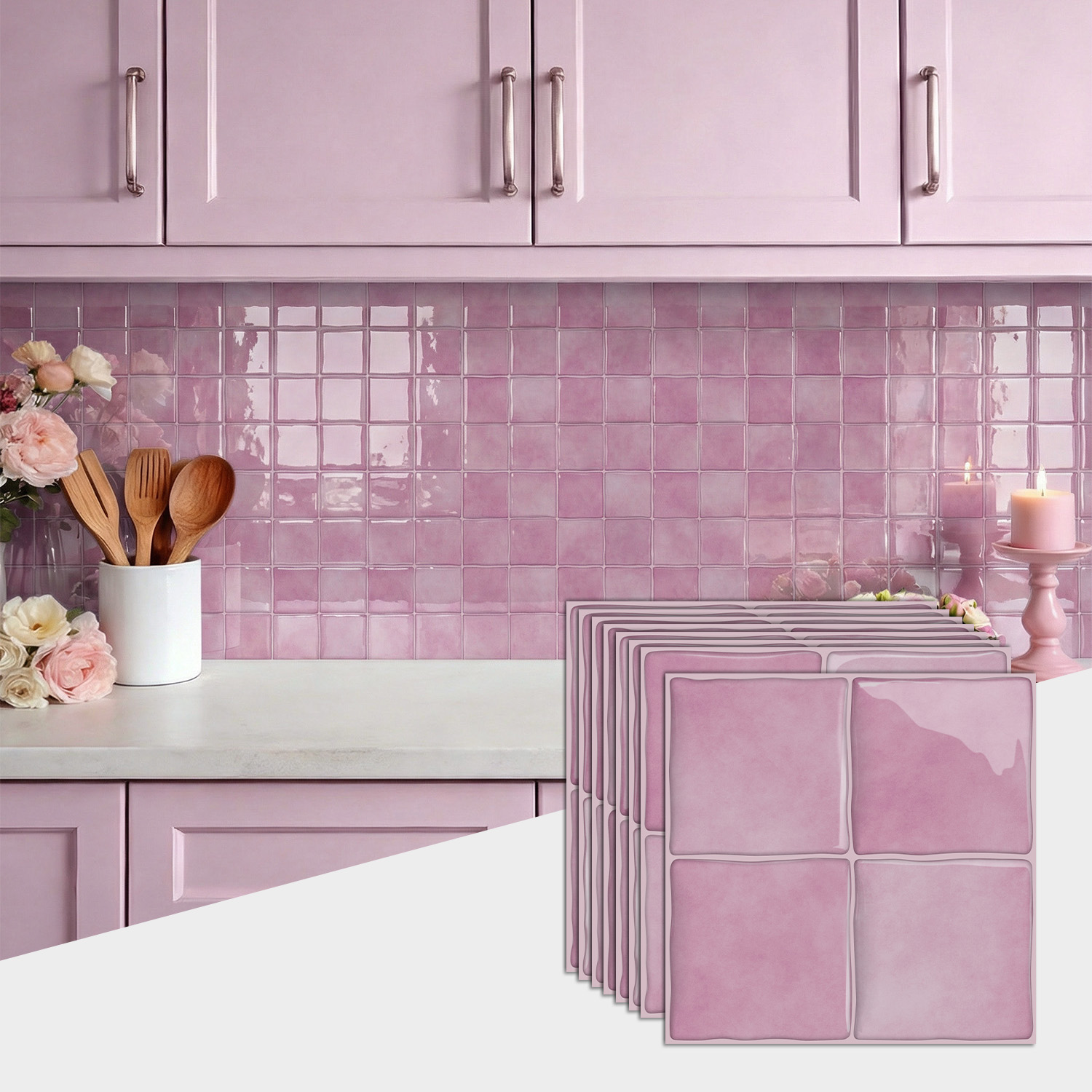 3D Epoxy Pink Tile Wall Sticke - Commercial Kitchen Wall Panels บทวิจารณ์และราคา